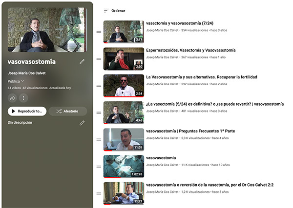 lista de reproducción de videos de vasovasostomia del Dr. Cos Calvet en Youtube